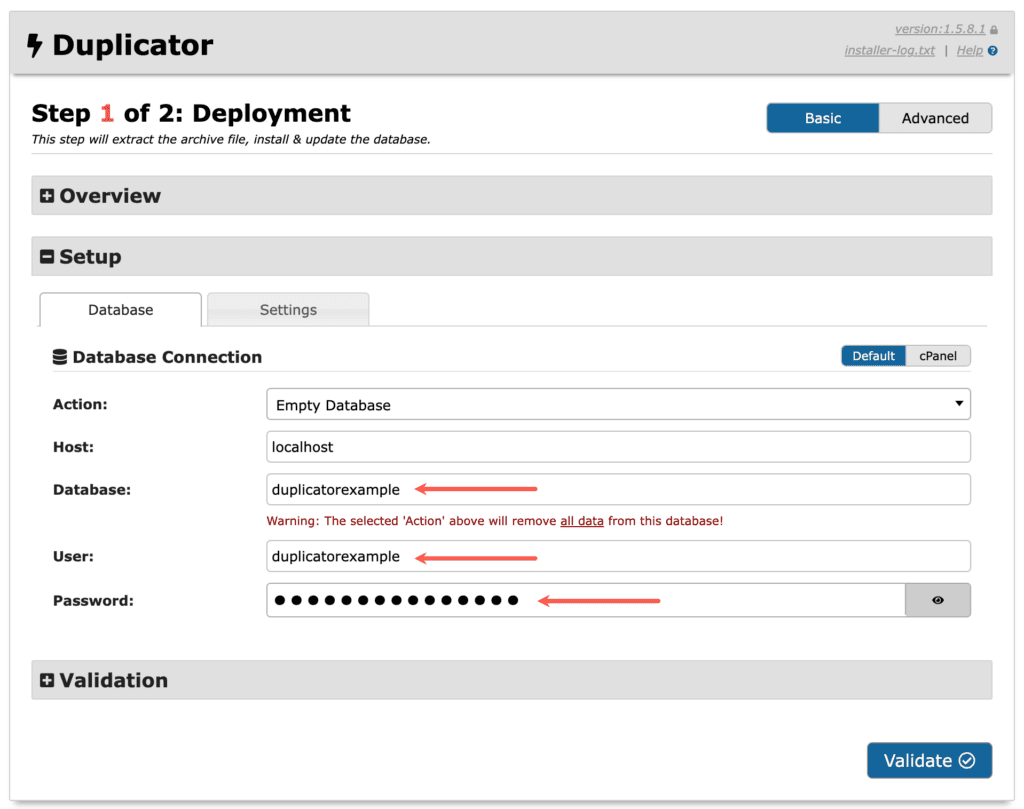 Plugin WordPress Duplicator: installa database