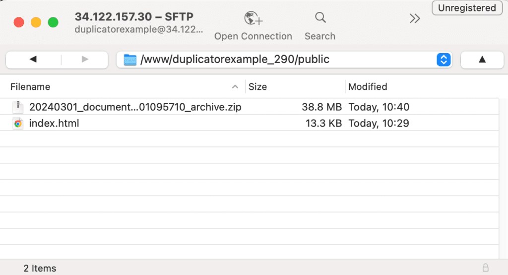 Caricare l'archivio e i file di installazione sul server (tramite SFTP)