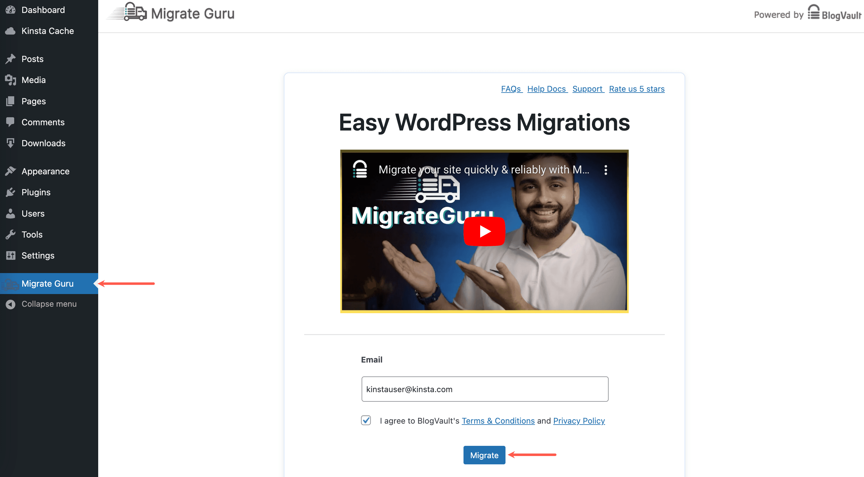 Gib deine E-Mail-Adresse ein und starte die Migration in Migrate Guru.