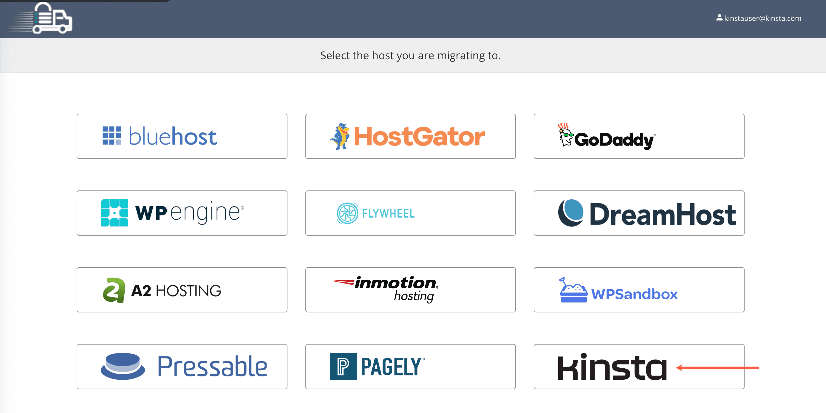 Wähle Kinsta als Host aus, zu dem du migrieren möchtest.