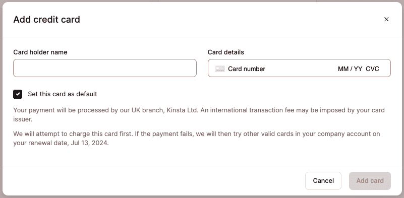 Alterar seu cartão de crédito principal no MyKinsta.