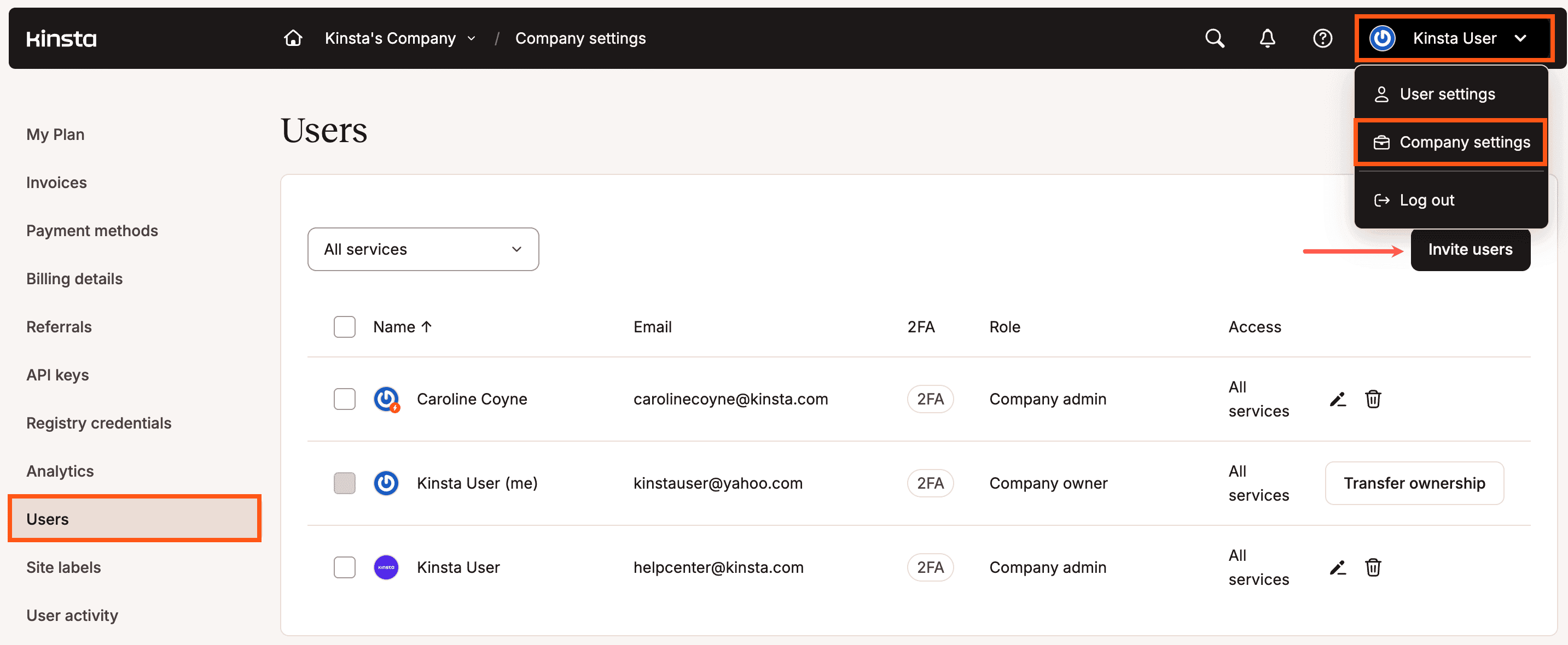 Inviter des utilisateurs à votre entreprise ou site dans MyKinsta.