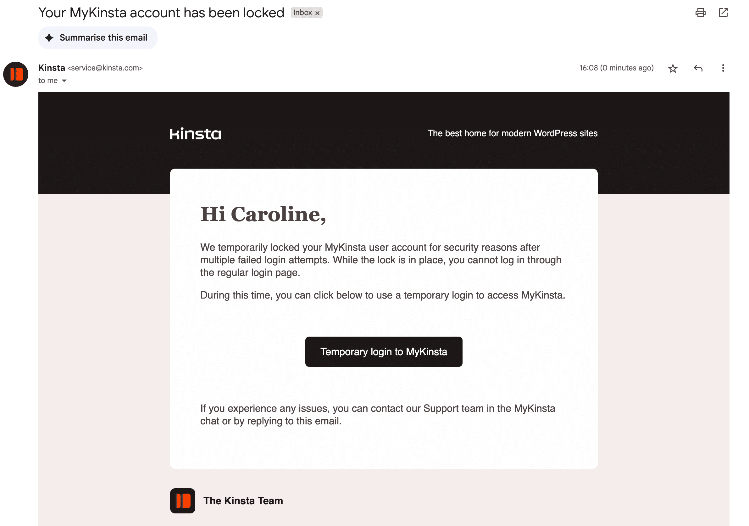 Notification par e-mail lorsque votre compte MyKinsta est verrouillé.