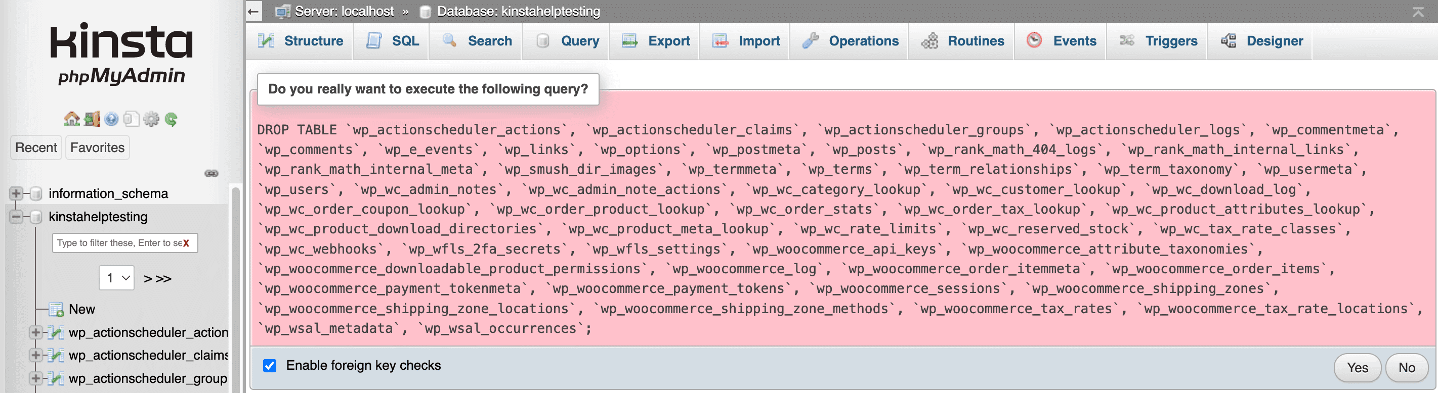 Bevestig dat je de query wil uitvoeren om tabellen in phpMyAdmin te verwijderen.