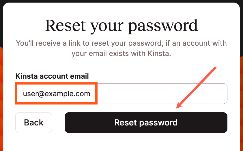Saisissez votre adresse e-mail dans la fenêtre modale/pop-up de réinitialisation du mot de passe.