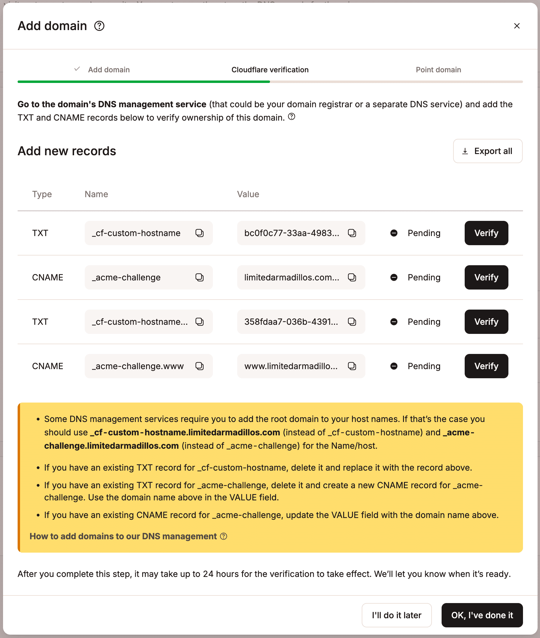 Adicione os registros TXT e CNAME aos seus registros DNS para verificar a propriedade do domínio.