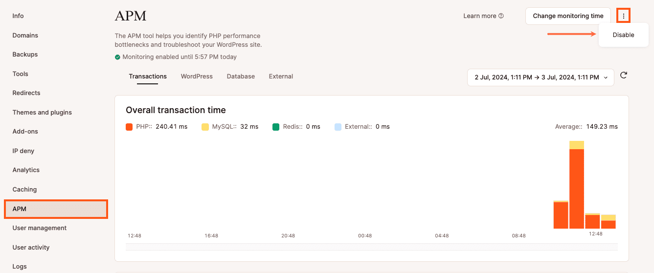 Désactiver la surveillance de la performance des applications dans MyKinsta.