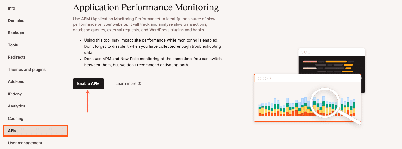 Cliquez sur le bouton Activer APM pour activer la surveillance de la performance des applications dans MyKinsta.