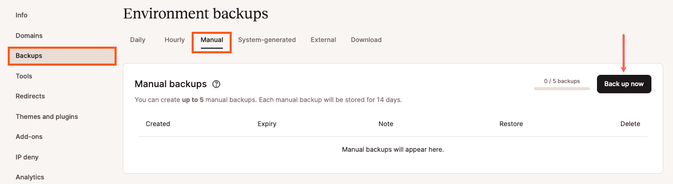 Manuelles Erstellen eines WordPress-Backups in MyKinsta