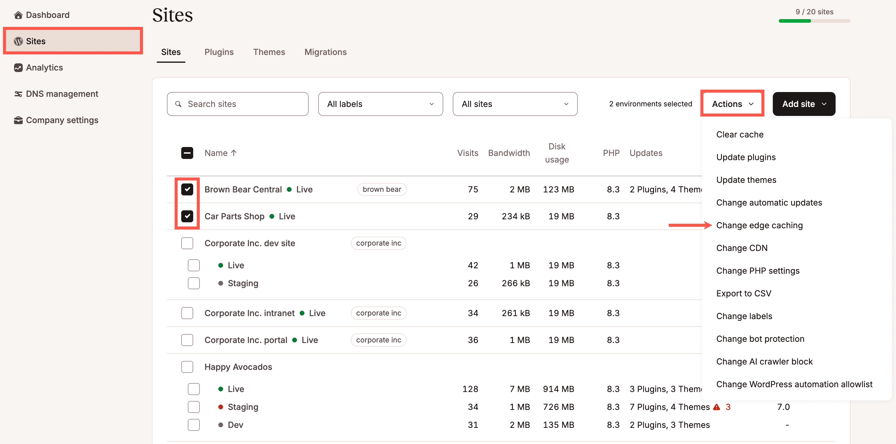 Enable edge caching for multiple sites simultaneously.