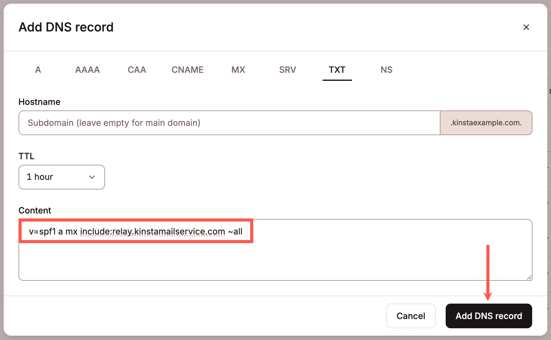 Füge den SPF TXT-Eintrag für MailChannels hinzu