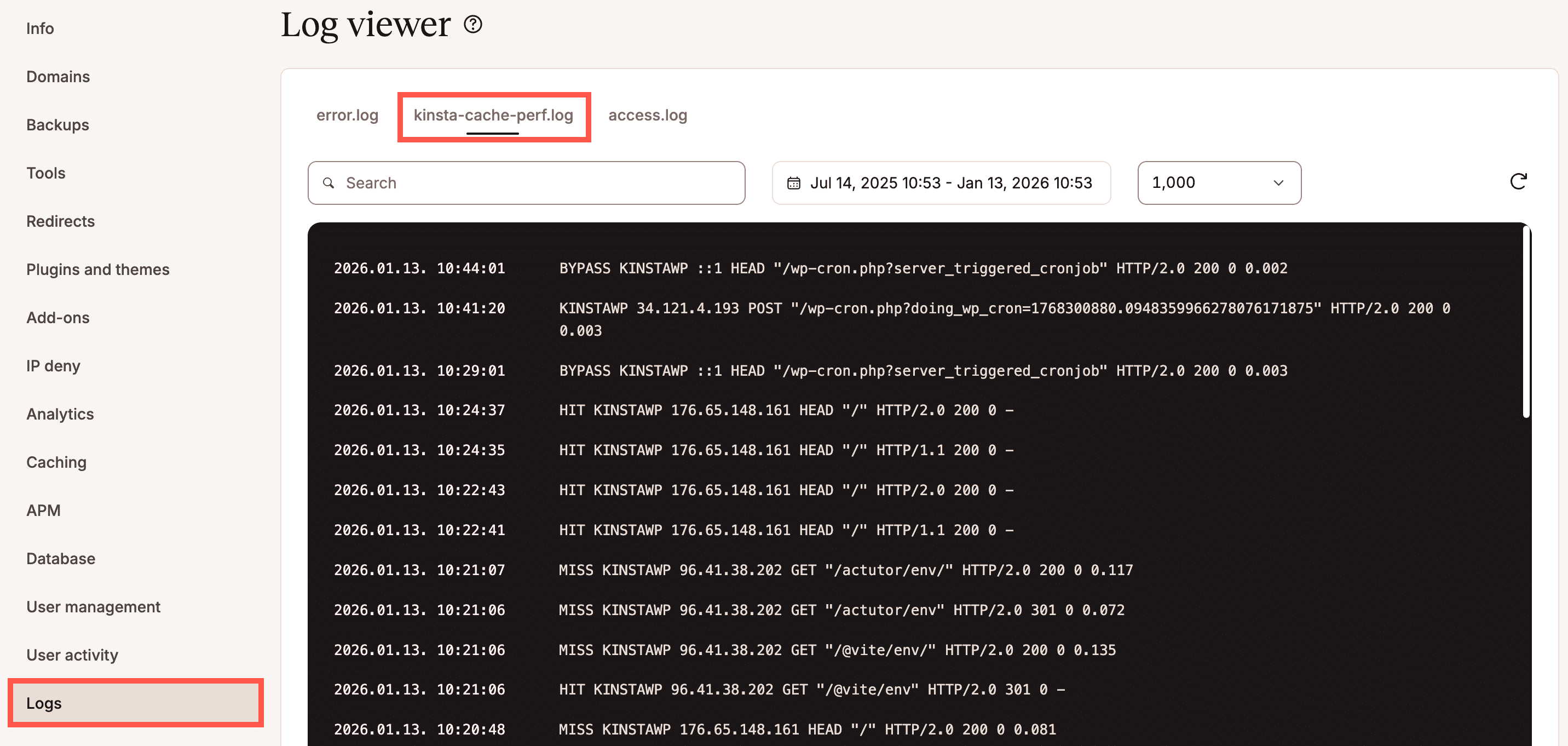 kinsta-cache-perf.log-Datei im MyKinsta-Protokoll-Viewer.