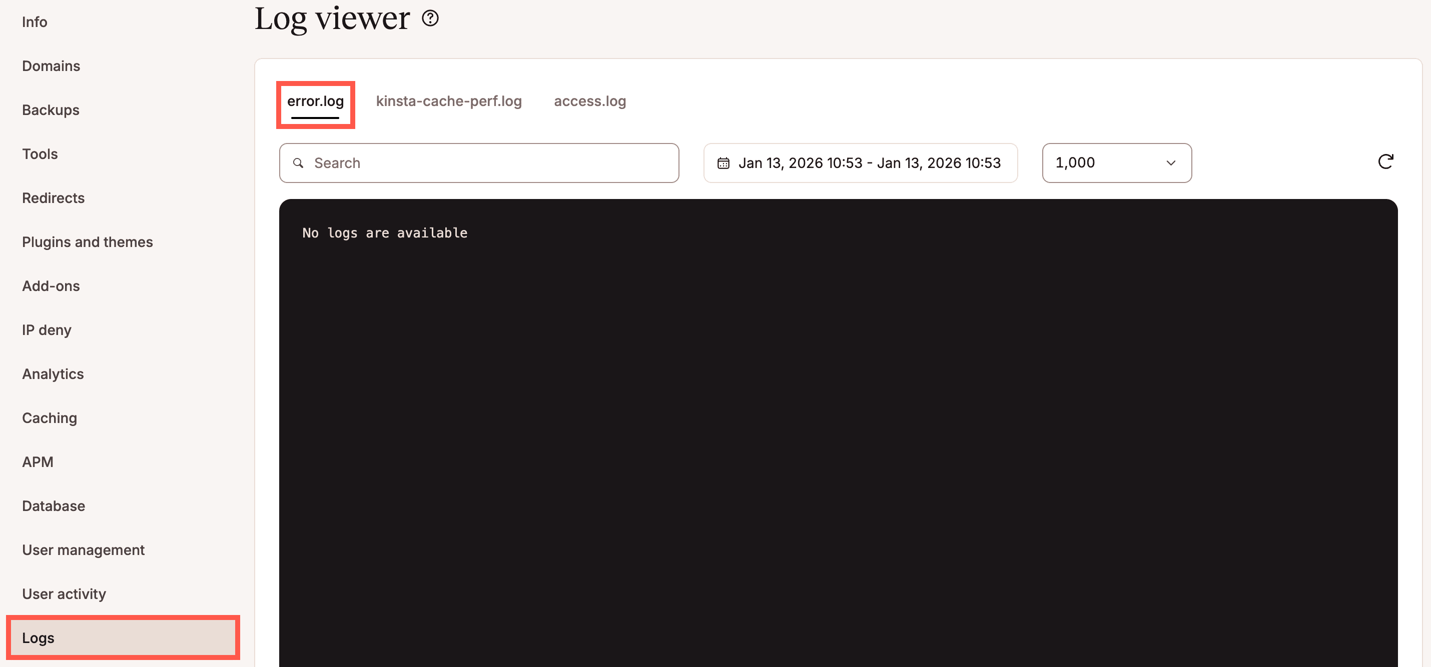 error.log-Datei im MyKinsta Log Viewer.