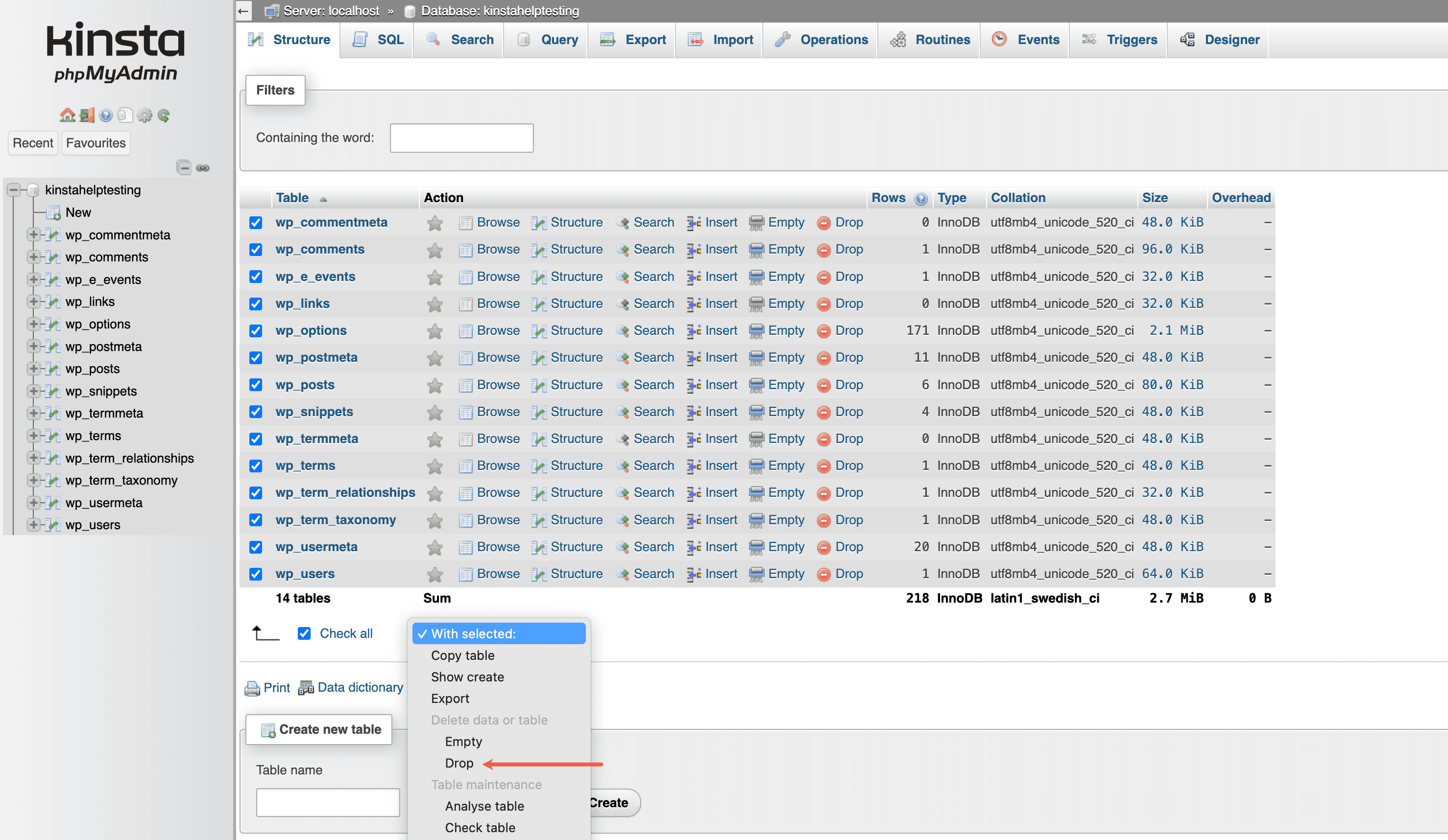 Lösche Datenbanktabellen in phpMyAdmin