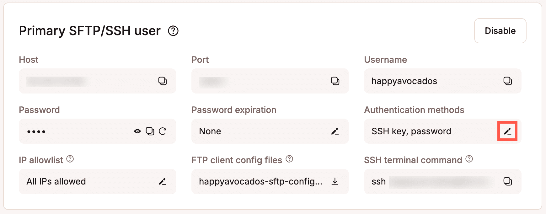 Change the primary SFTP/SSH user authentication methods.