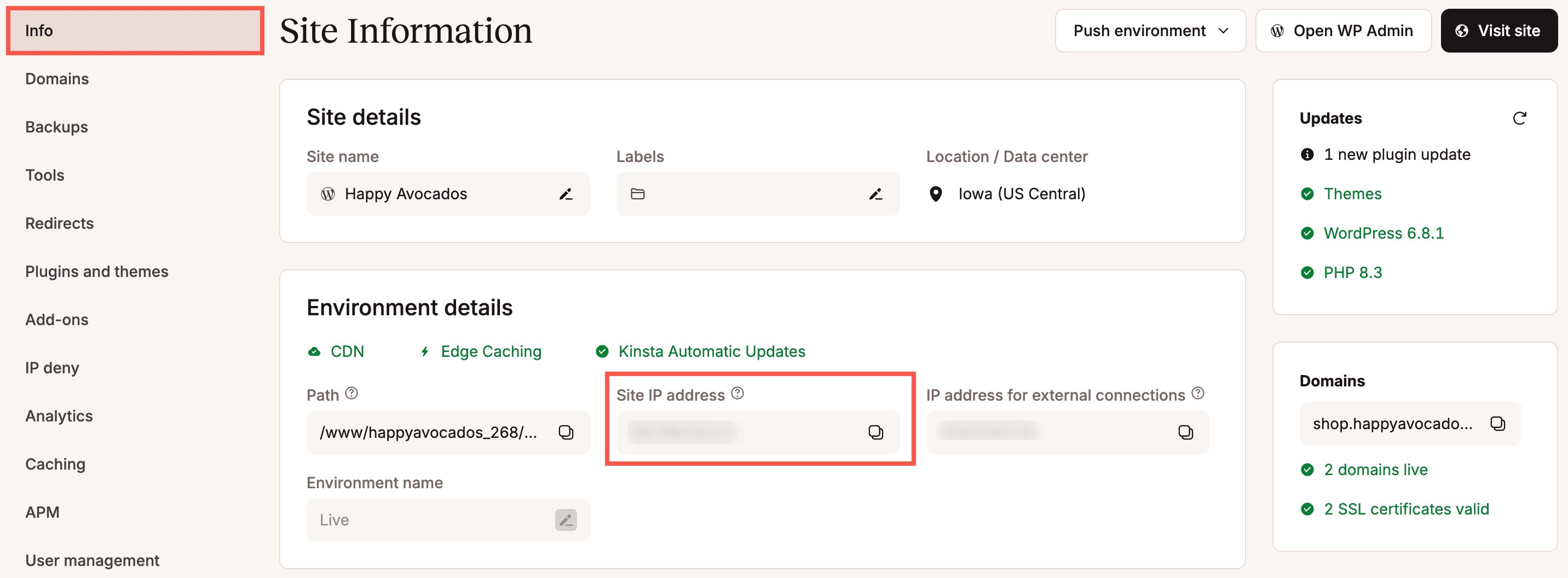 IP-adres van site in MyKinsta.