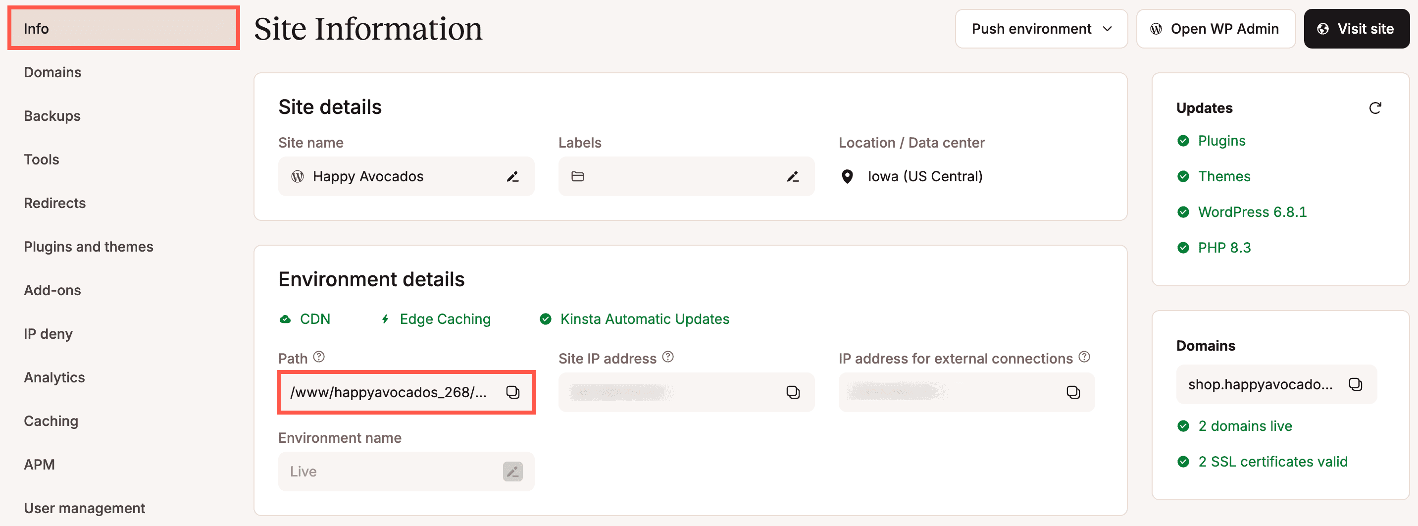 Site's root directory in MyKinsta.