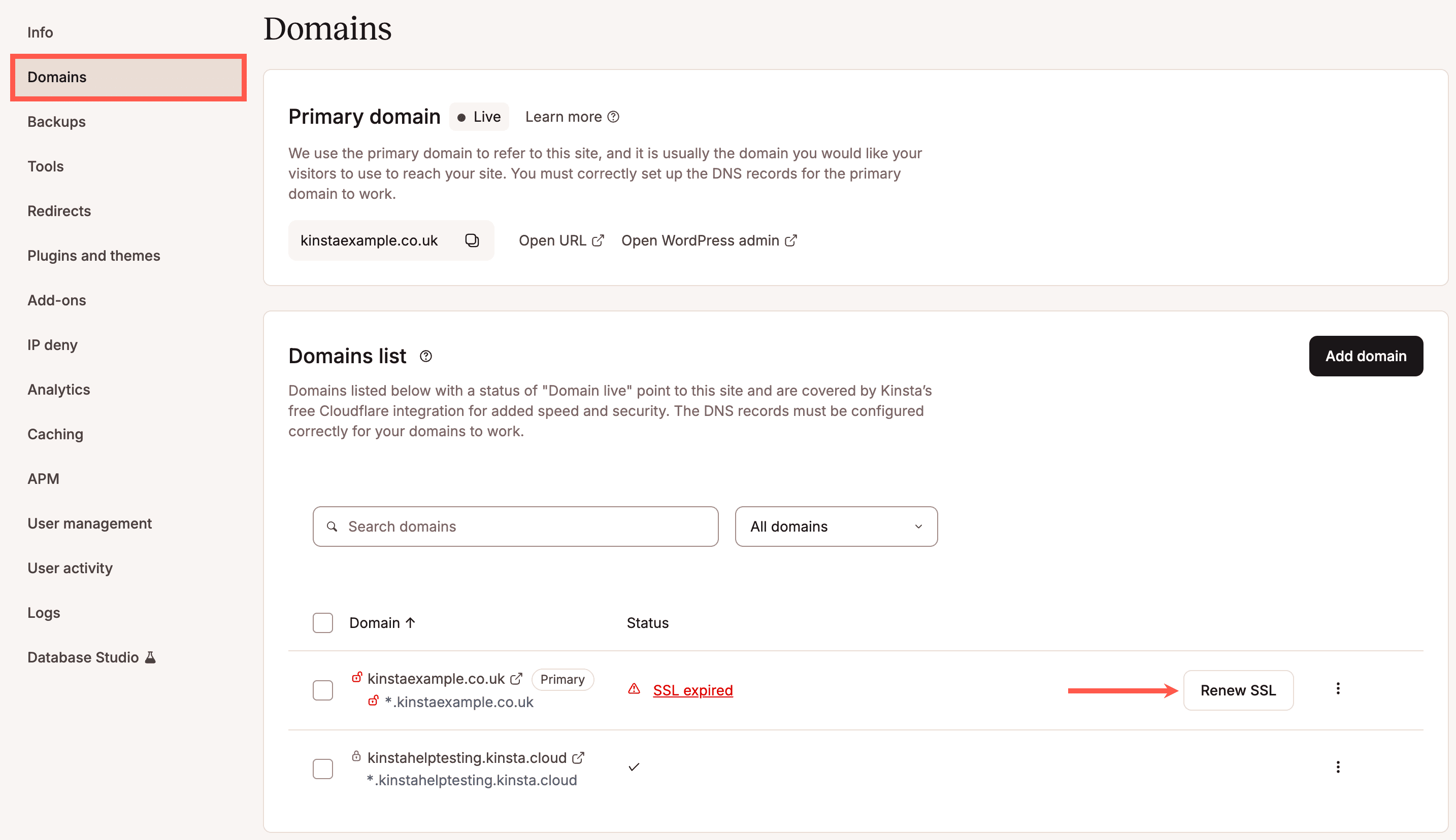 Vernieuw SSL voor het domein in de lijst MyKinsta-domeinen.