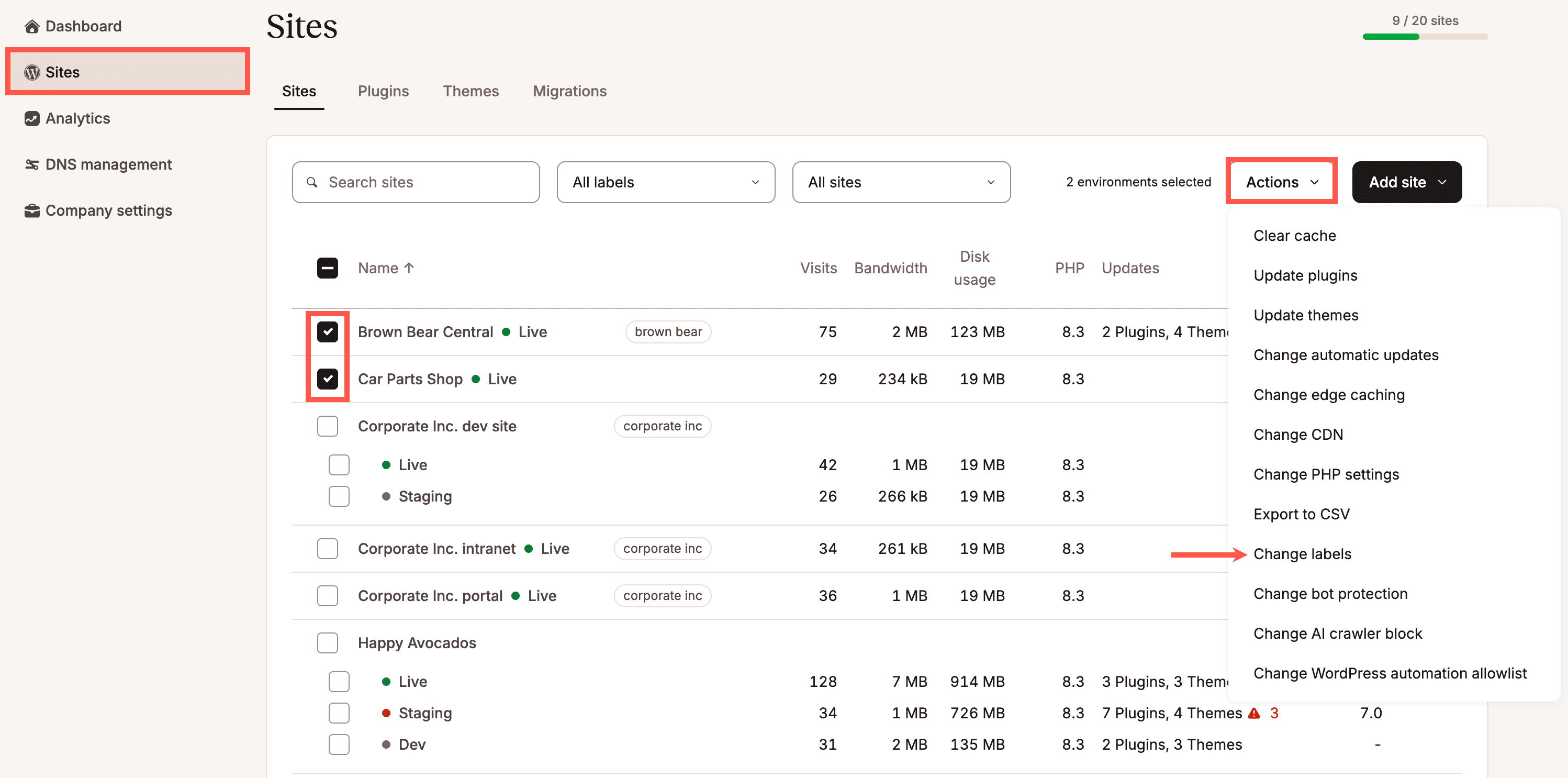 Change labels for multiple sites simultaneously.