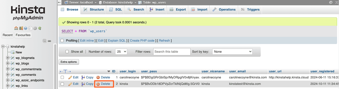 Verwijder een gebruiker in de tabel wp_users in phpMyAdmin.