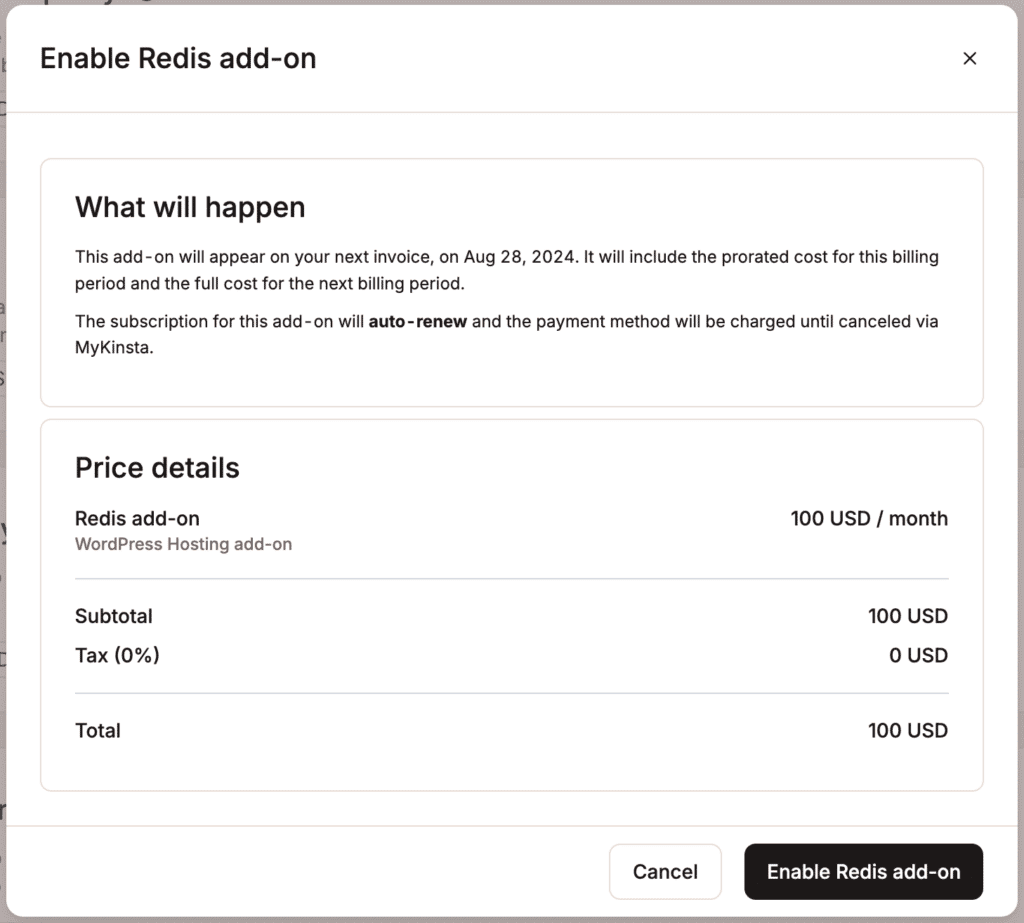 Redis caching add-on prijsinformatie.