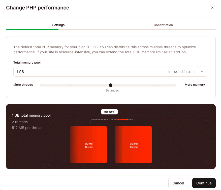 Modifiez la taille de votre pool PHP, le nombre de threads ou la limite de mémoire.
