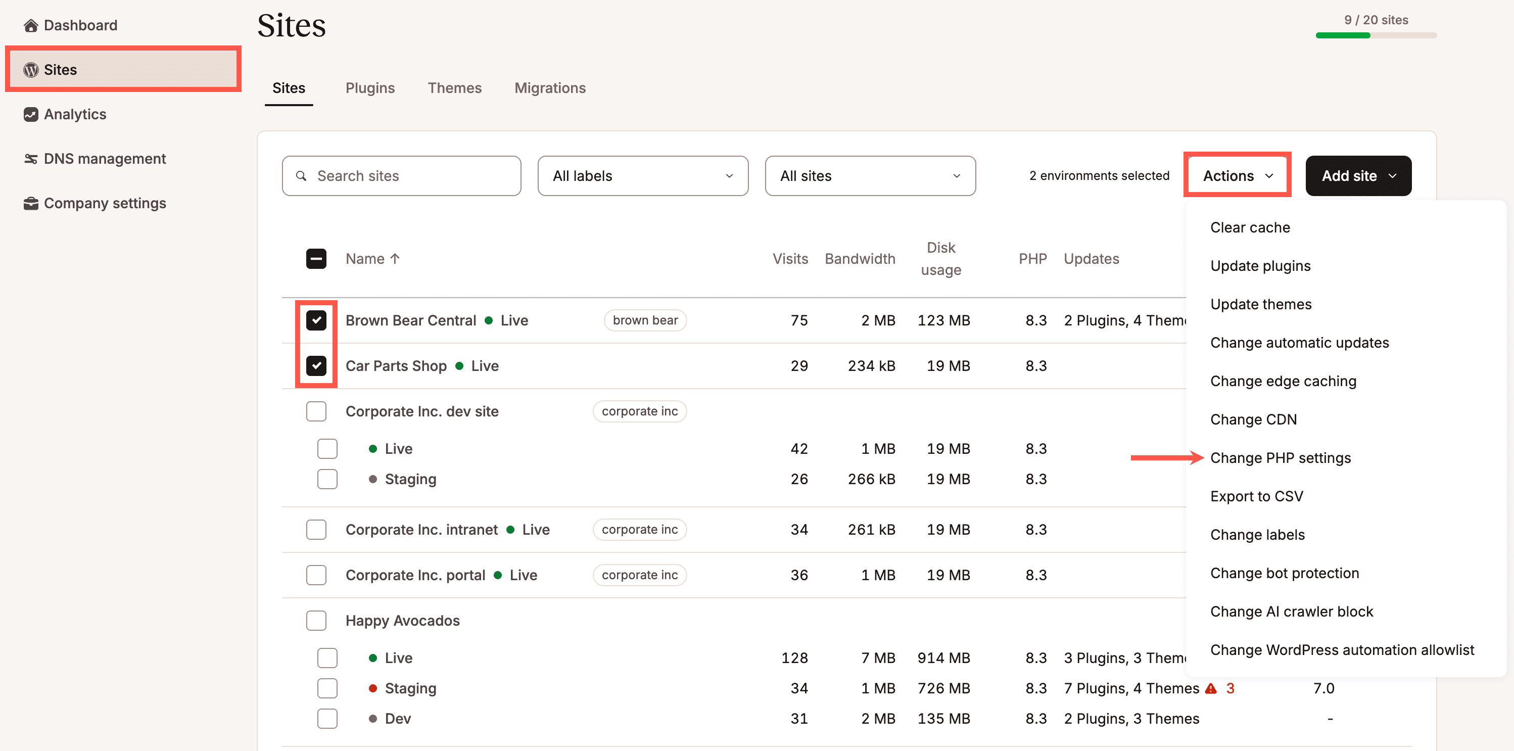 Change PHP settings for multiple sites simultaneously.