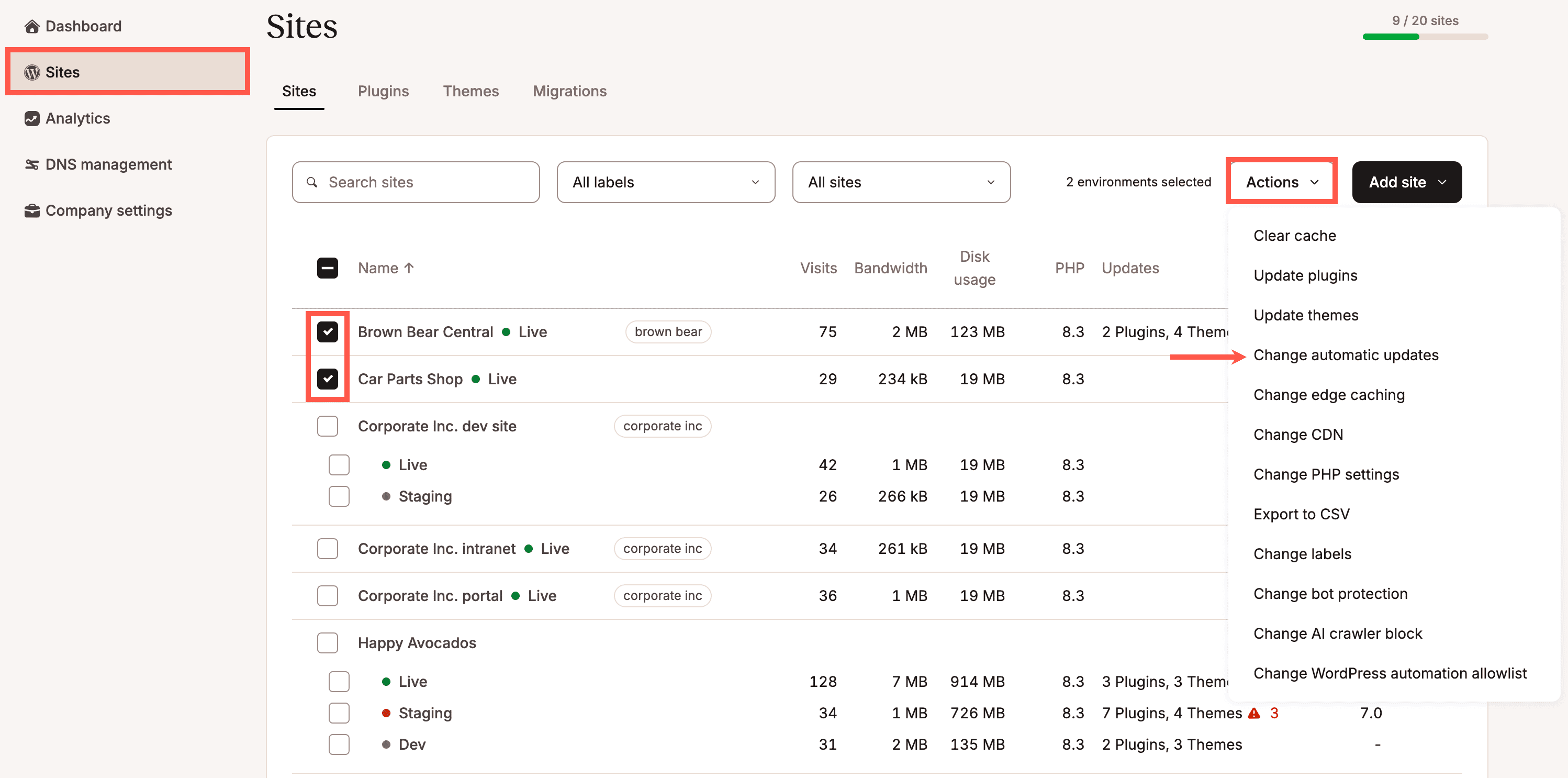 Change automatic updates for multiple sites simultaneously.