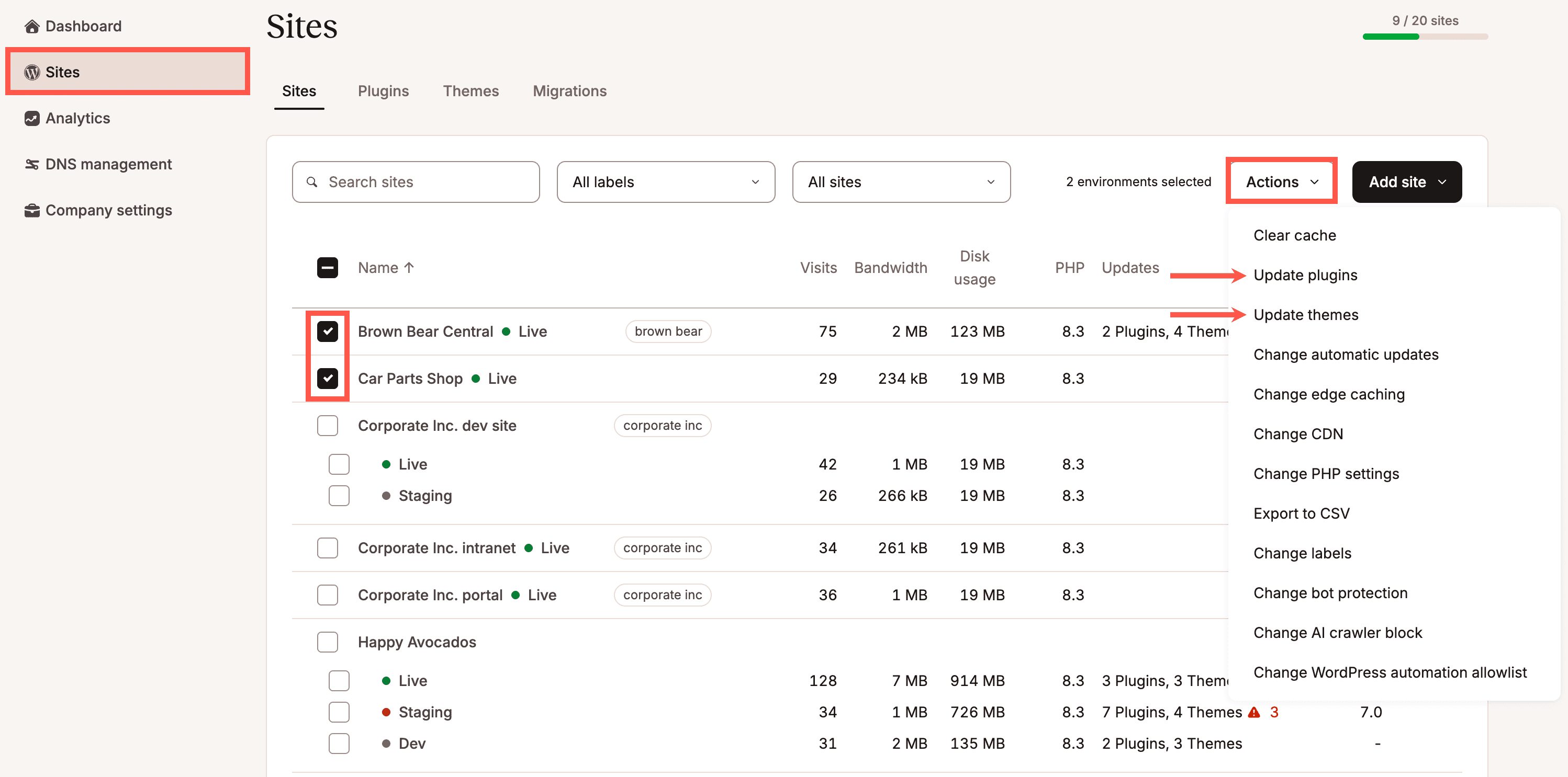 Update plugins and themes for multiple sites simultaneously.
