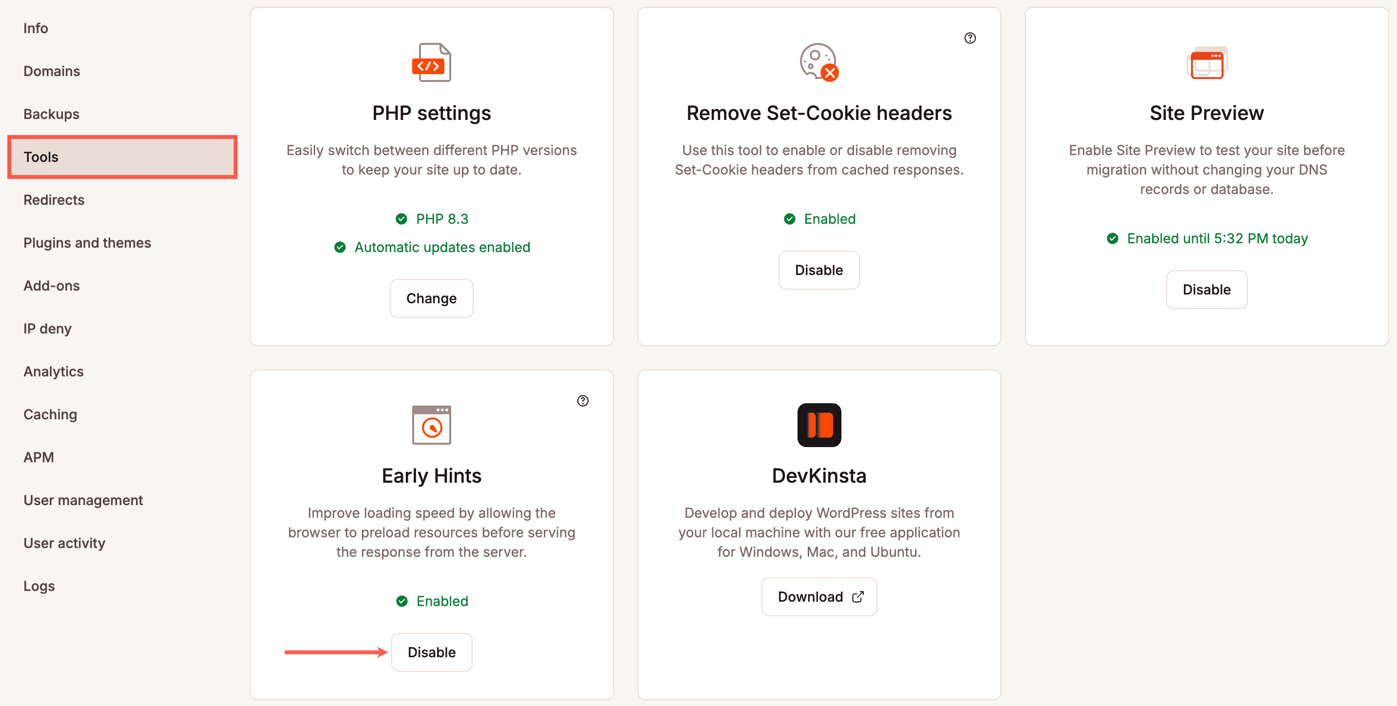 Schakel Early Hints uit in MyKinsta.