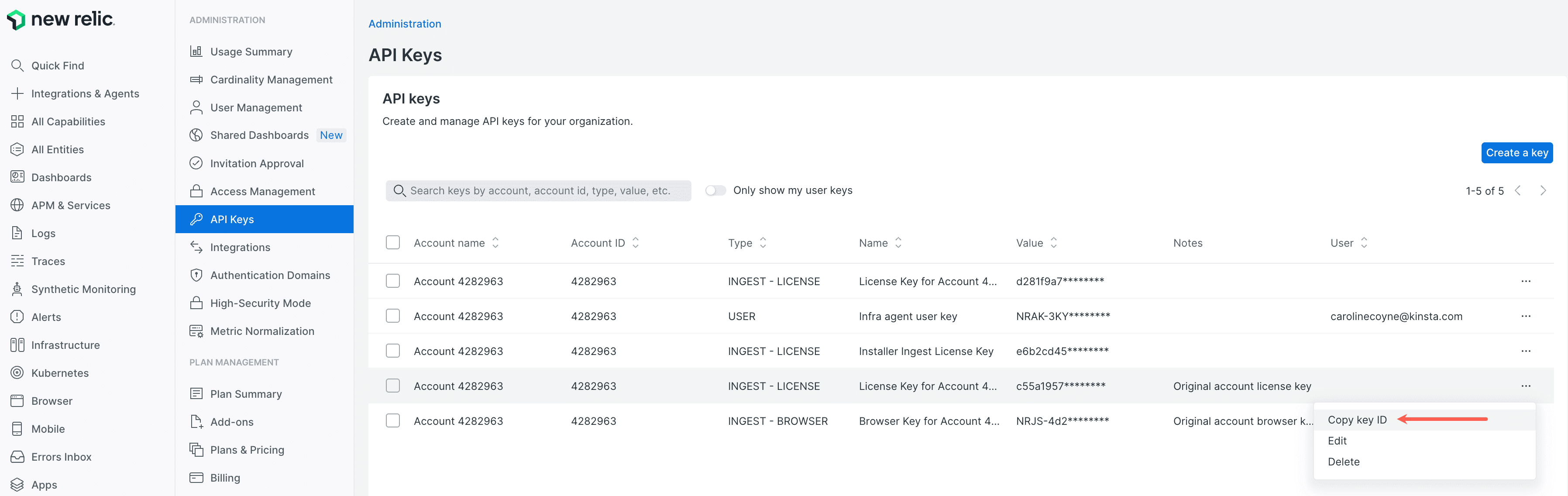 Copiar chave de licença do New Relic.