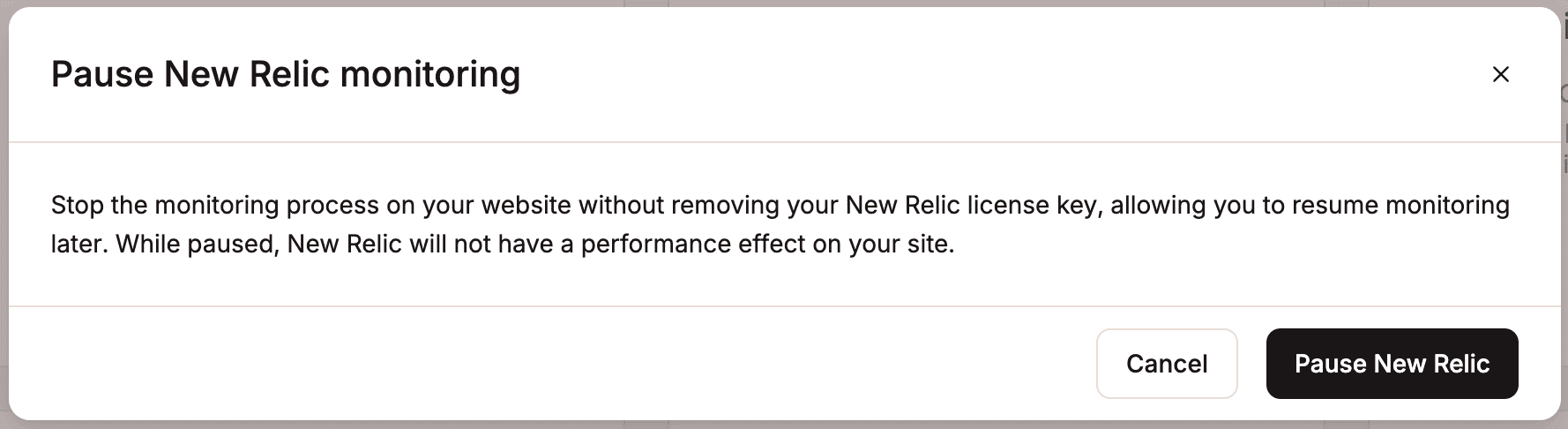 Confirmar que deseja pausar o monitoramento do New Relic.