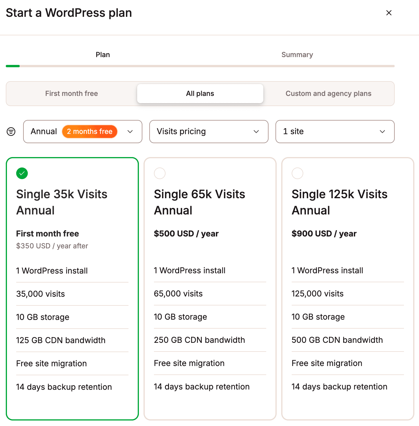 Démarrer un nouveau plan WordPress dans MyKinsta.