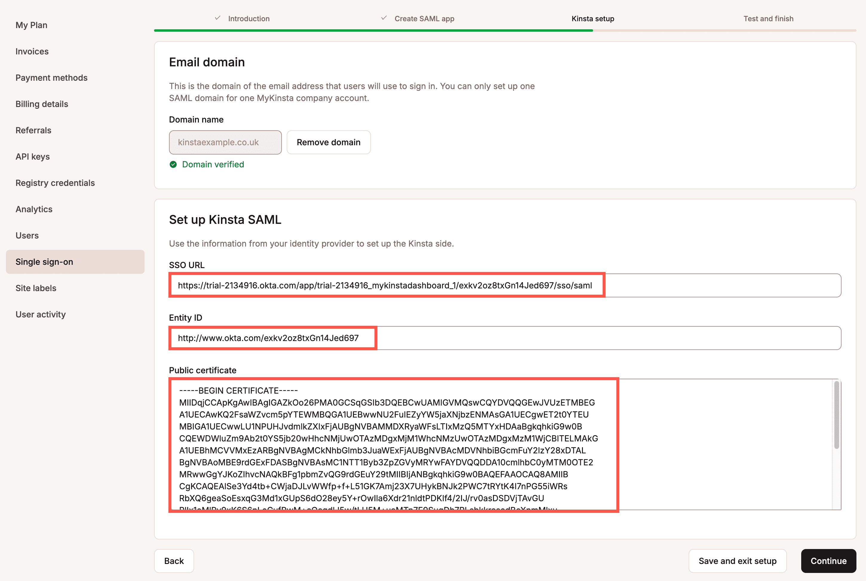 Gebruik je IdP-gegevens om SSO in te stellen binnen MyKinsta.