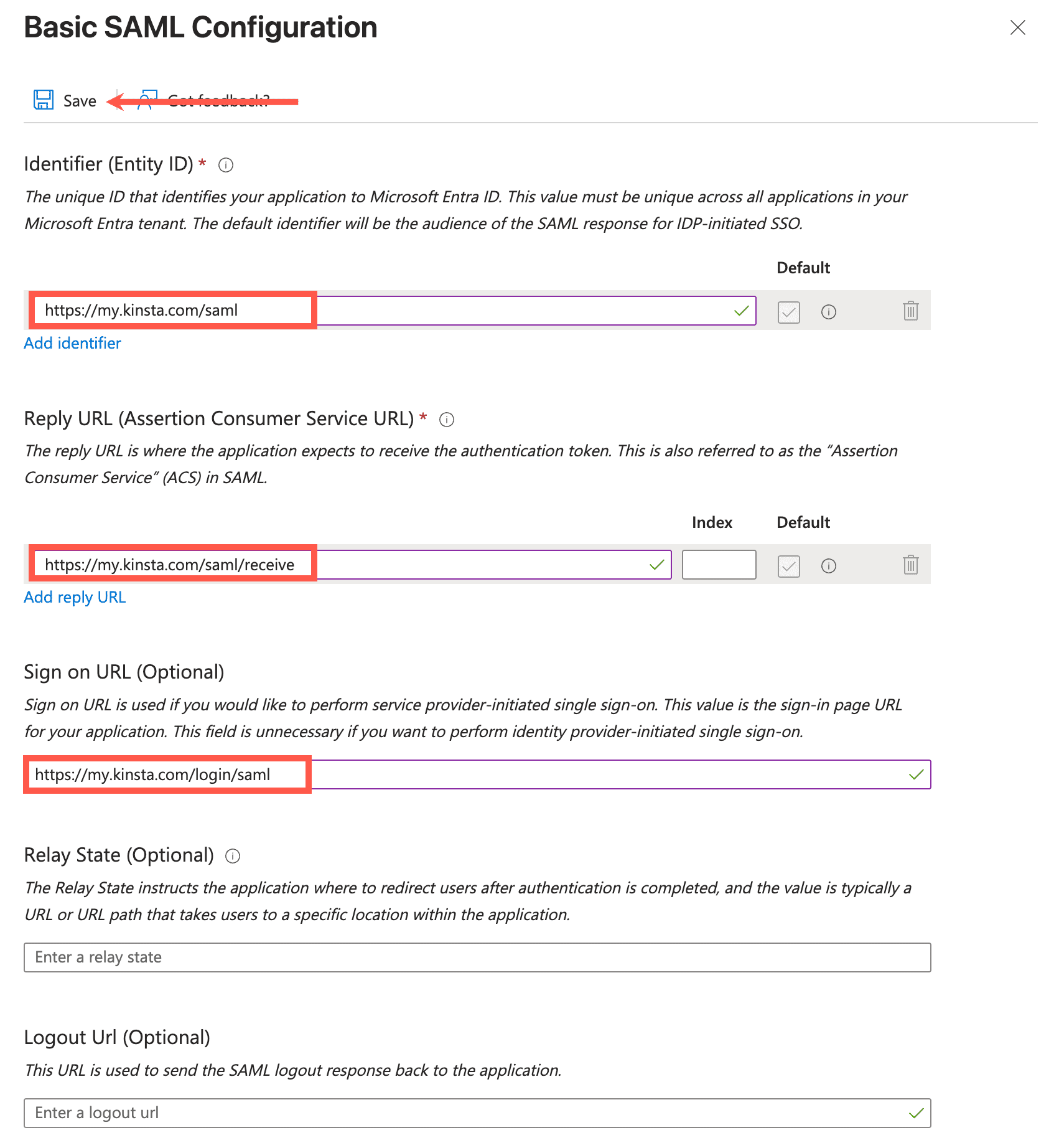 Vervollständige die grundlegende SAML-Konfiguration mit den Informationen aus MyKinsta