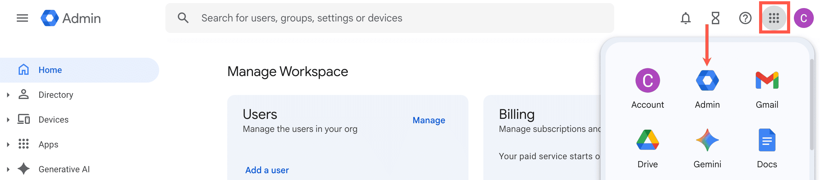 Öffne die Admin-Anwendung in Google