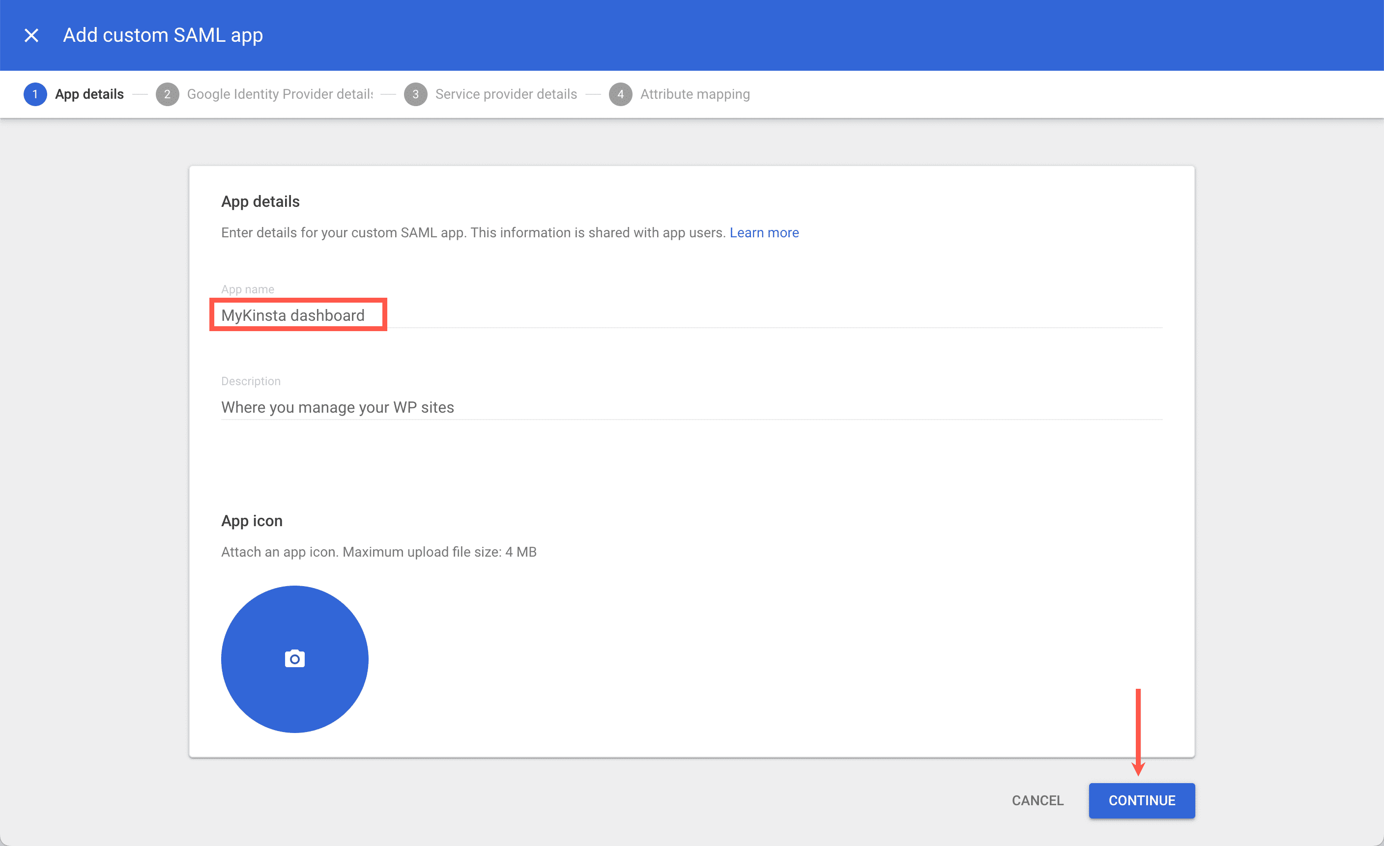 Gib die Anwendungsdetails in Google ein