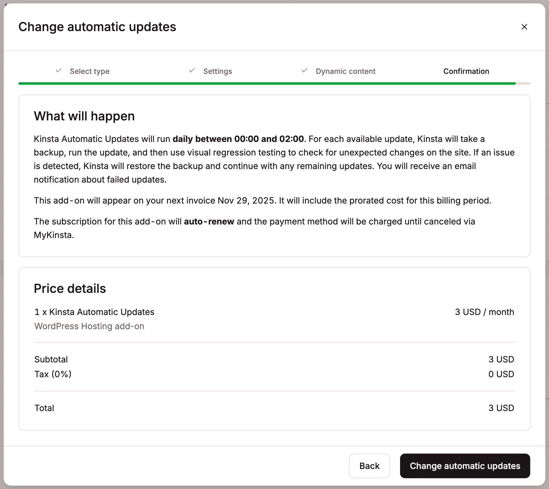 Información de facturación de las Actualizaciones Automáticas de Kinsta.