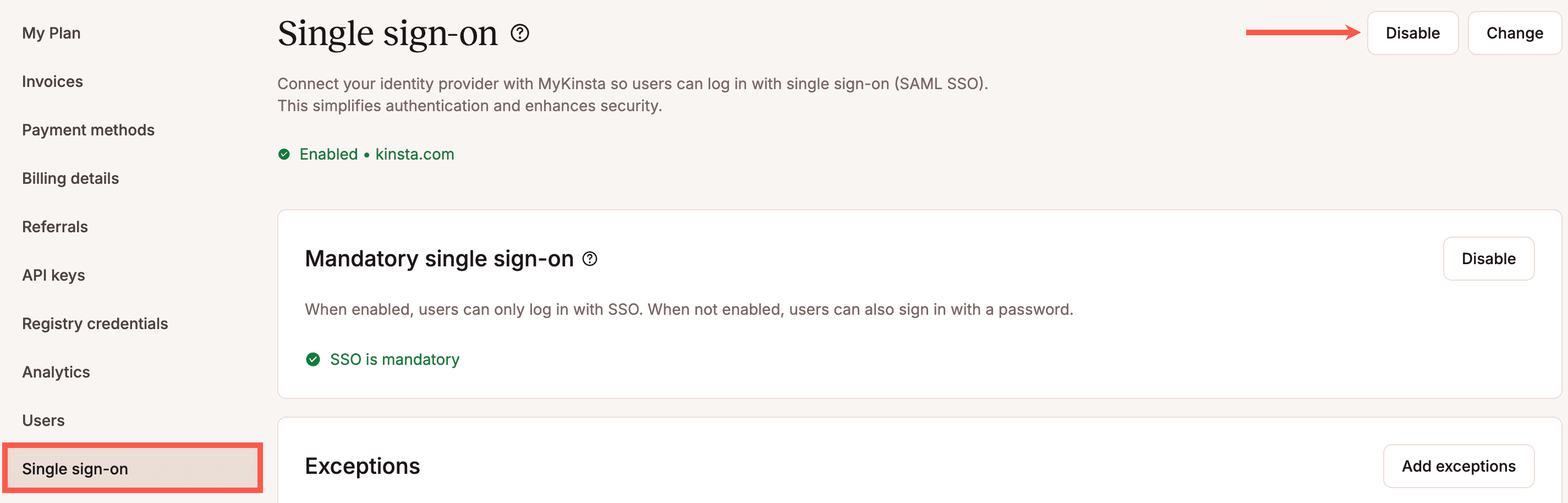 Schakel SAML SSO uit in MyKinsta.