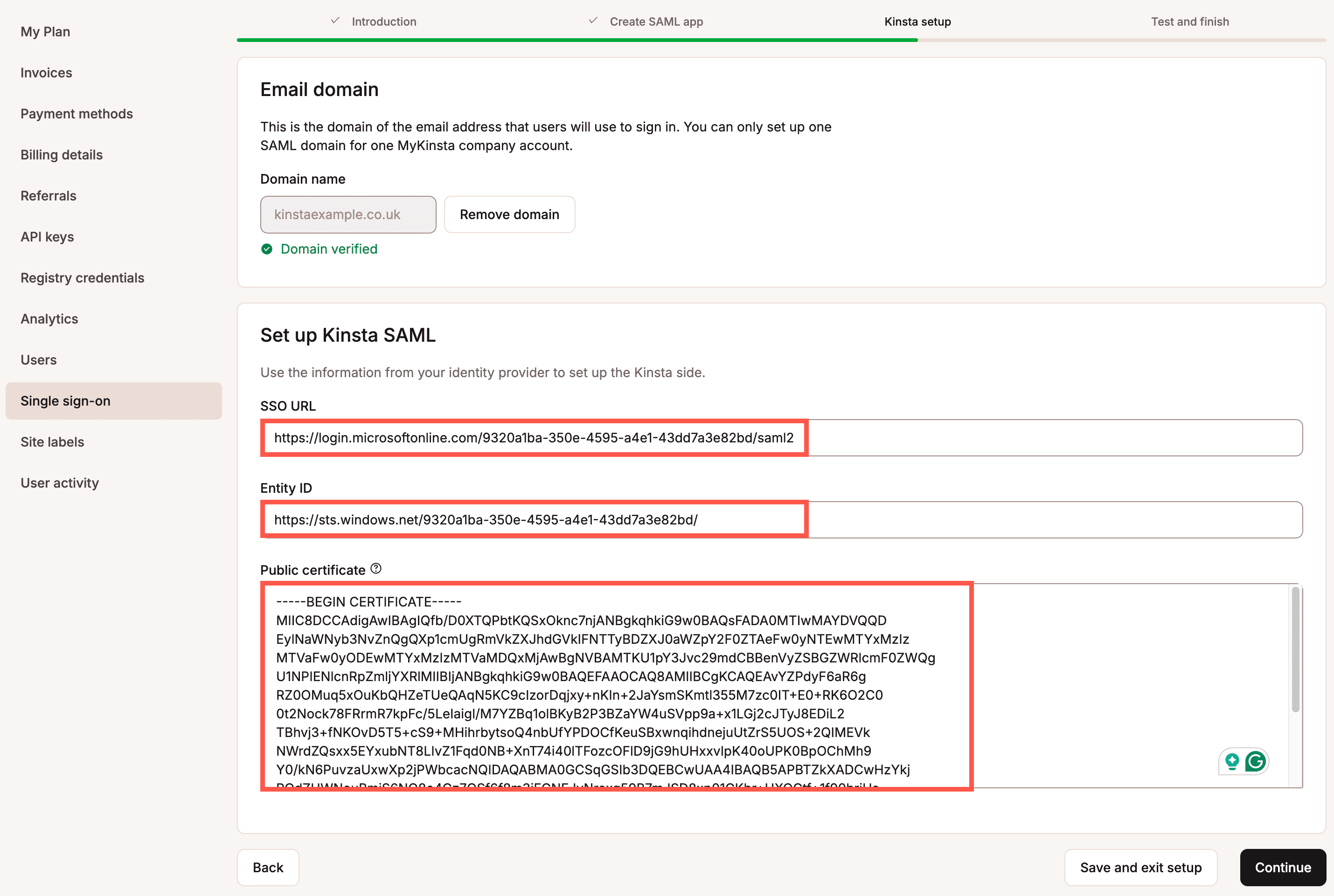 Gib die erforderlichen Informationen vom IdP ein, um Kinsta SAML einzurichten