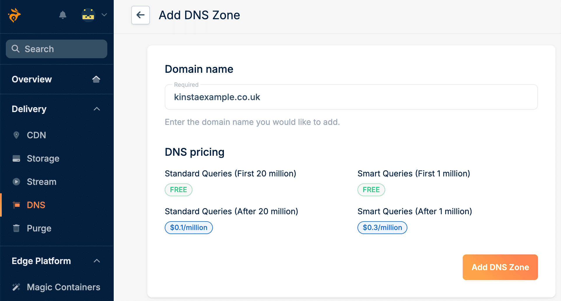 Füge deine DNS-Zone zu Bunny hinzu