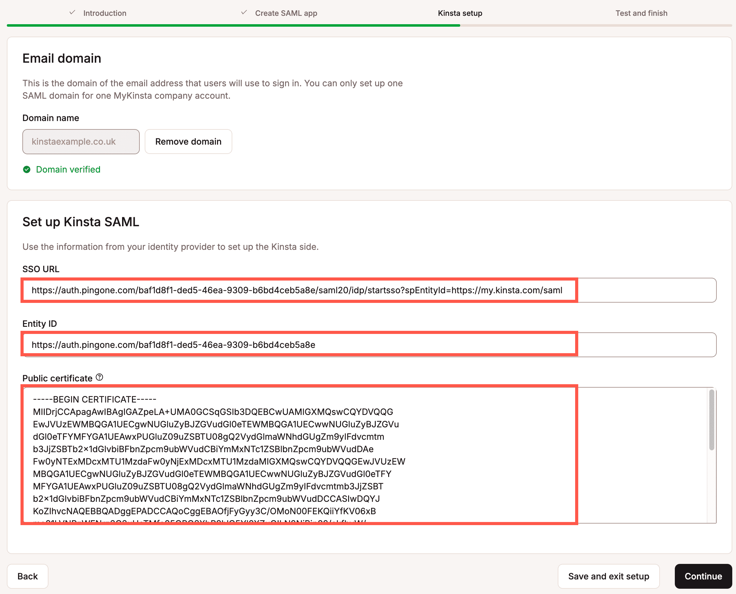 Gib die erforderlichen Informationen vom IdP ein, um Kinsta SAML einzurichten