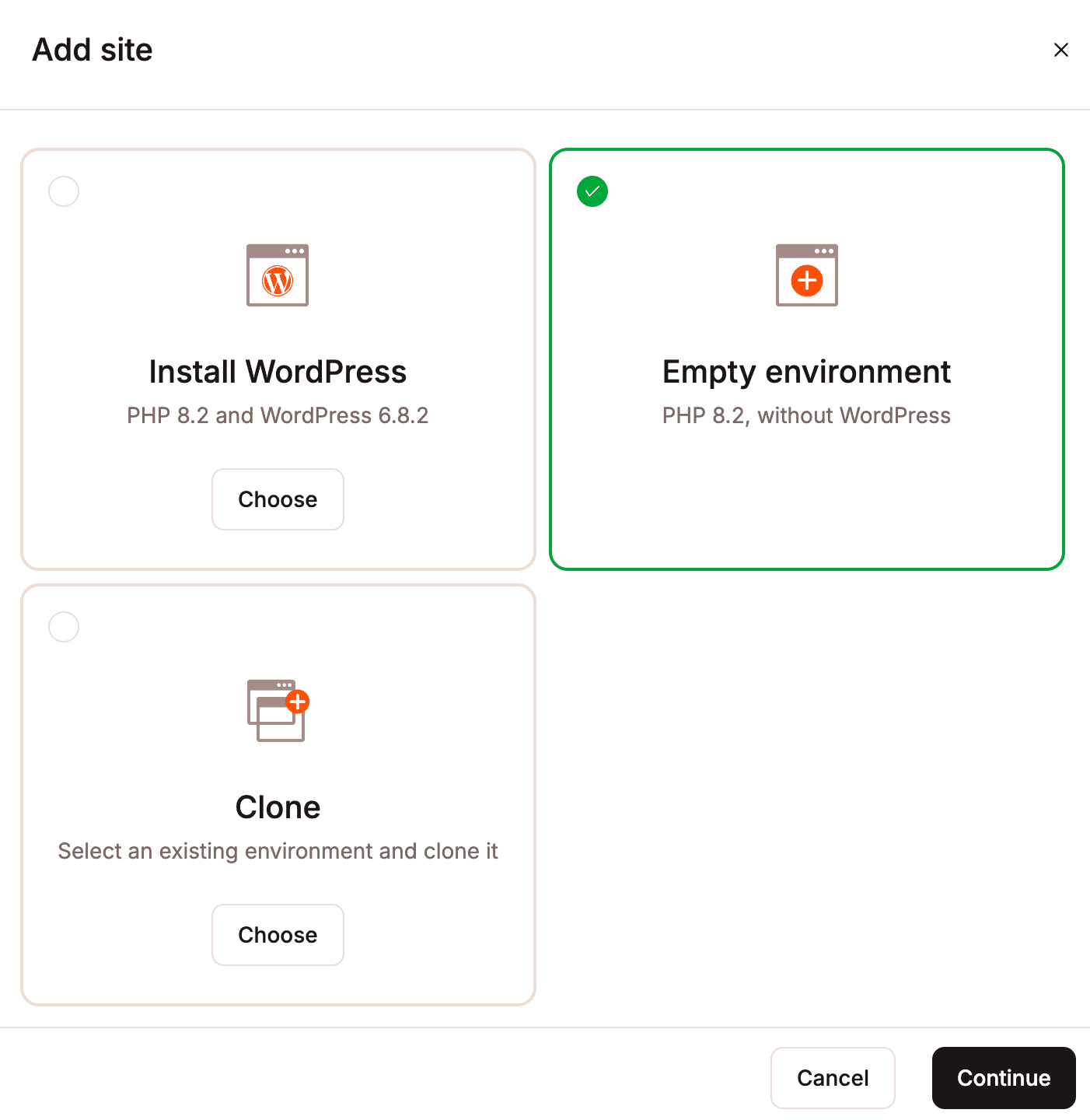 Select Empty environment and click Continue.