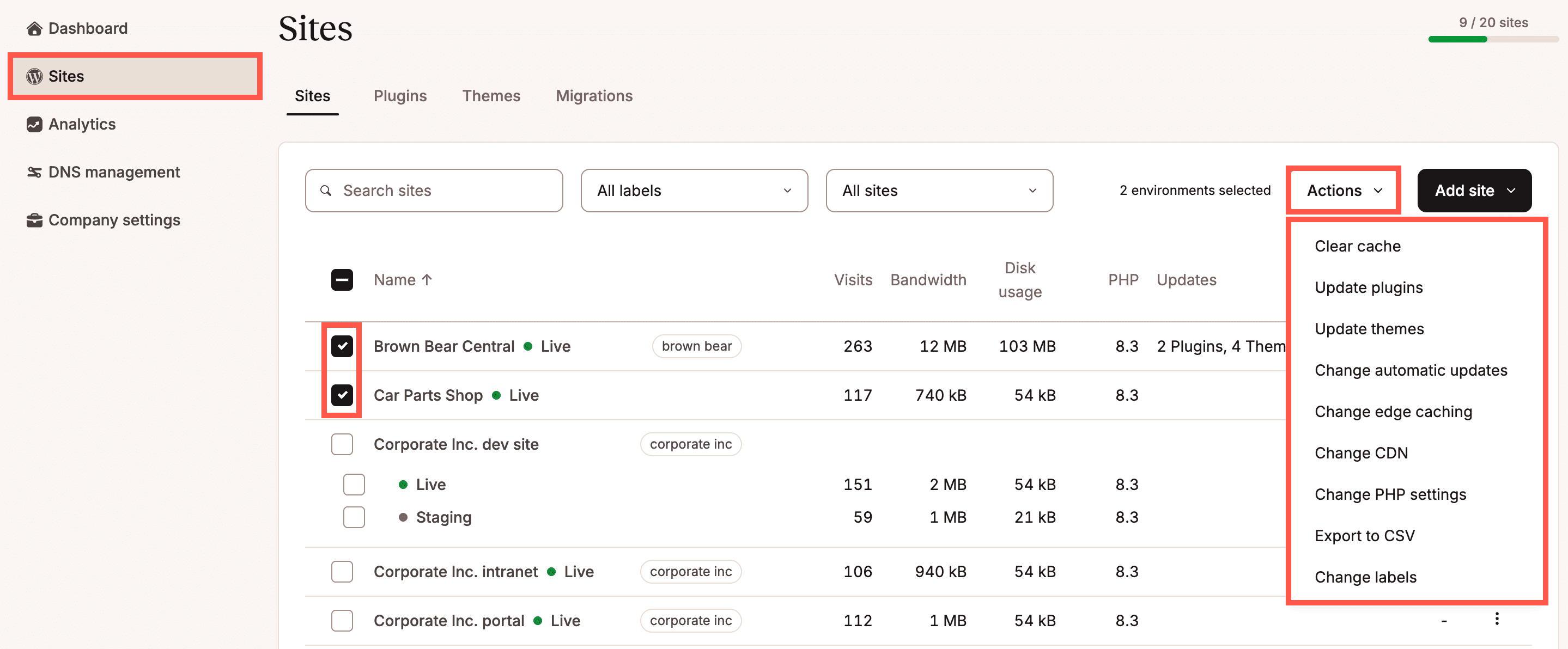 Führen du Massenaktionen für deine WordPress-Umgebungen über Sites durch.