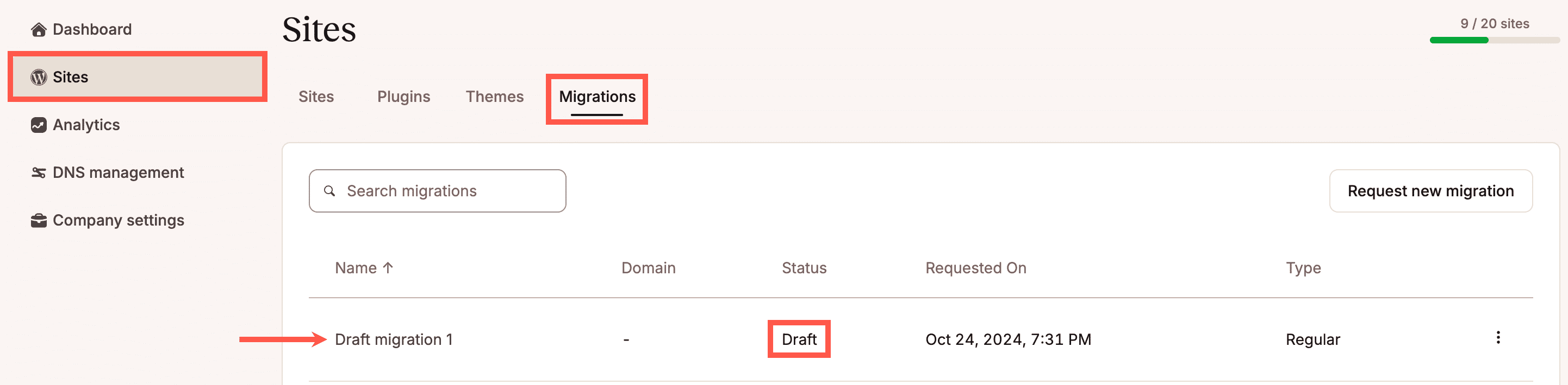 Haz clic en el nombre de una solicitud de migración para continuar editándola o ver la página de detalles de la migración