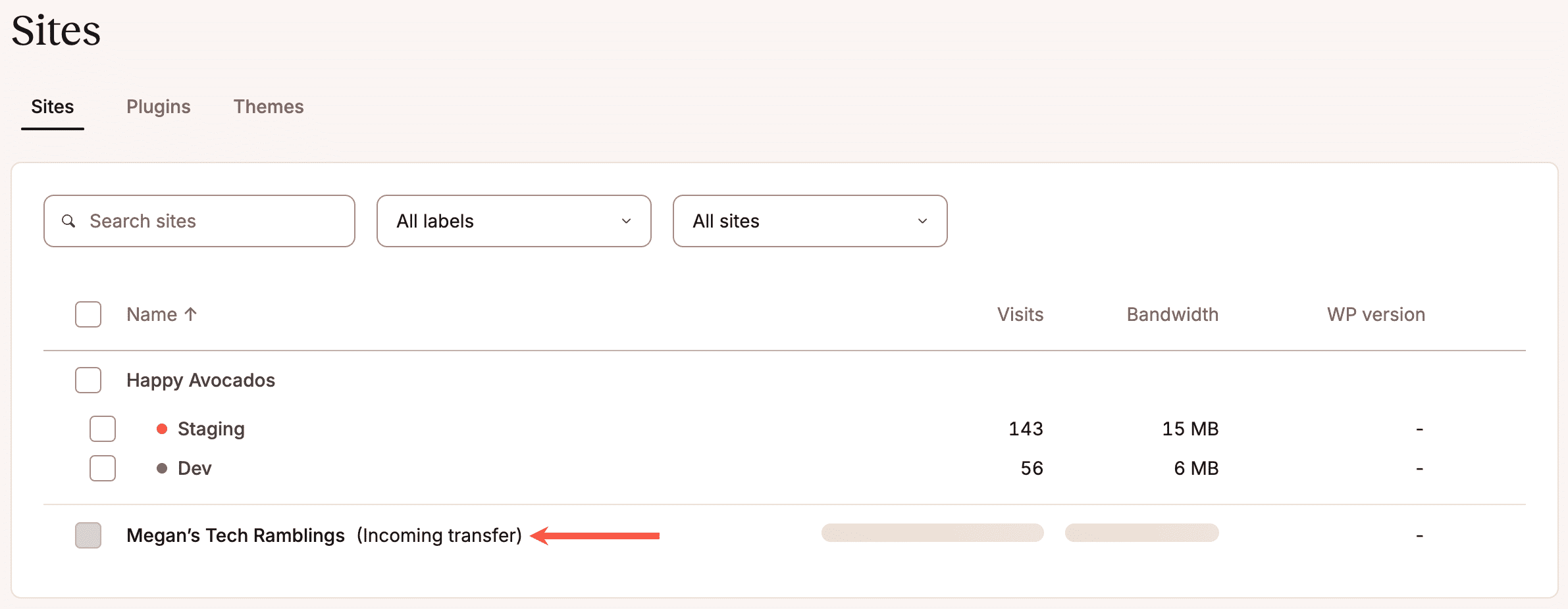 Transferencia entrante del sitio en la lista de Sitios WordPress de MyKinsta de la empresa de destino.