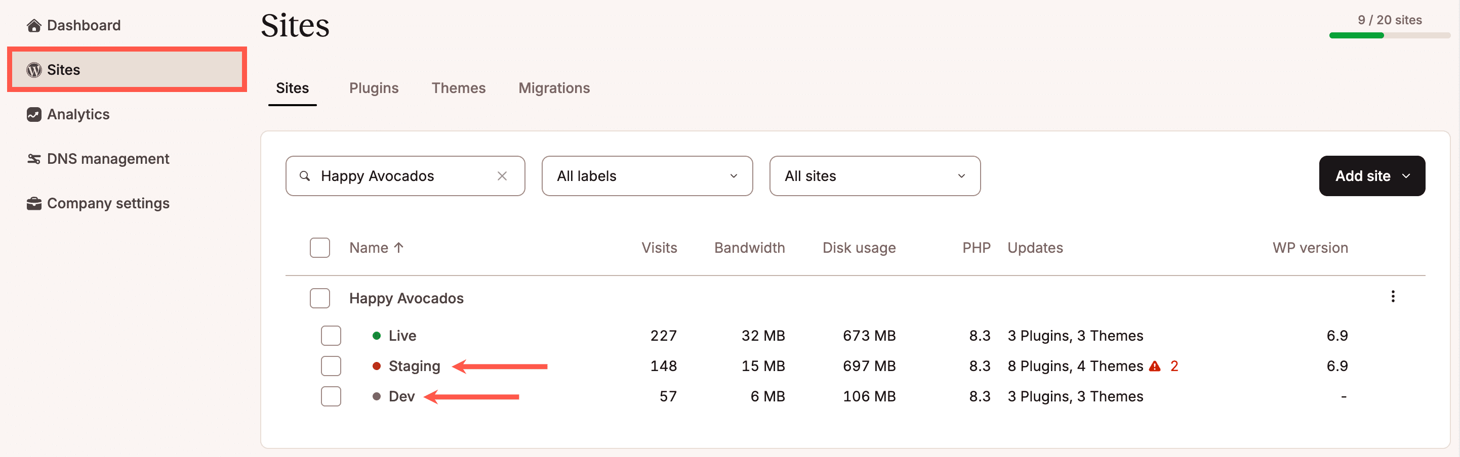 Sélectionnez un environnement de staging WordPress dans MyKinsta.