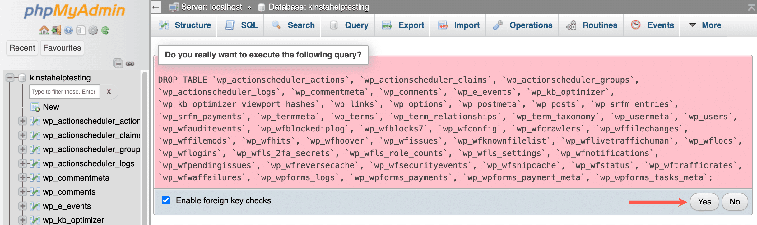 Confirm you want to run the query to drop tables in phpMyAdmin.