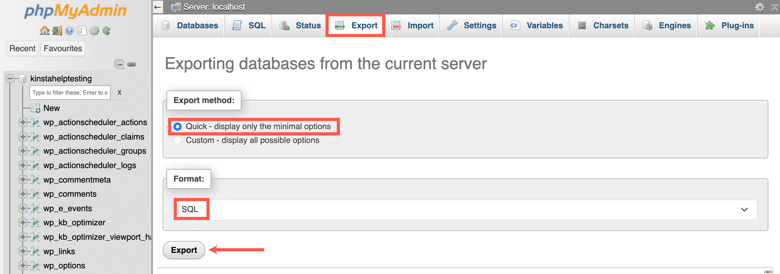 Exporting a database with the quick export method in phpMyAdmin.
