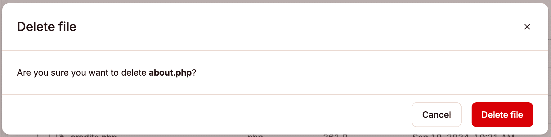 Delete a file in MyKinsta's File Manager.